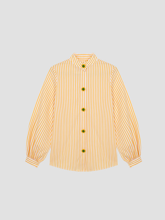 Mikado Shirt Yellow is a yellow and white striped long sleeve shirt with yellow and lime green button closure.