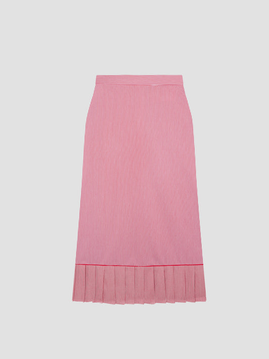 Miles Skirt Red is a pleated red and white striped midi skirt with pleats at the bottom.