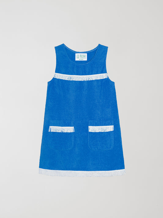 Fringes Mini Towel Blue is a short blue dress with white fringe details on the chest and at the end of the skirt.