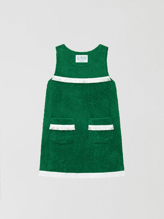 Fringes Mini Towel Green is a green dress made with towel fabric, side pockets and white fringing.