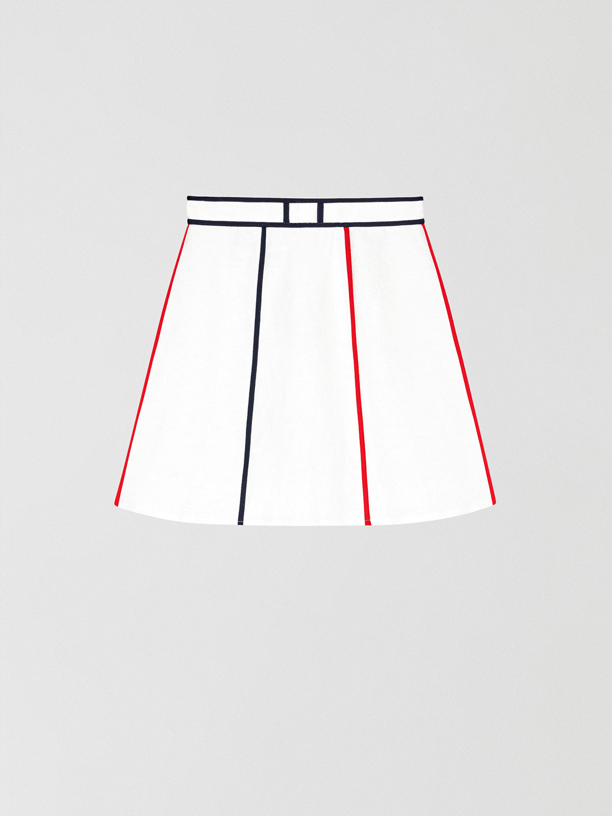 Flared linen white mini skirt with details in red and navy.