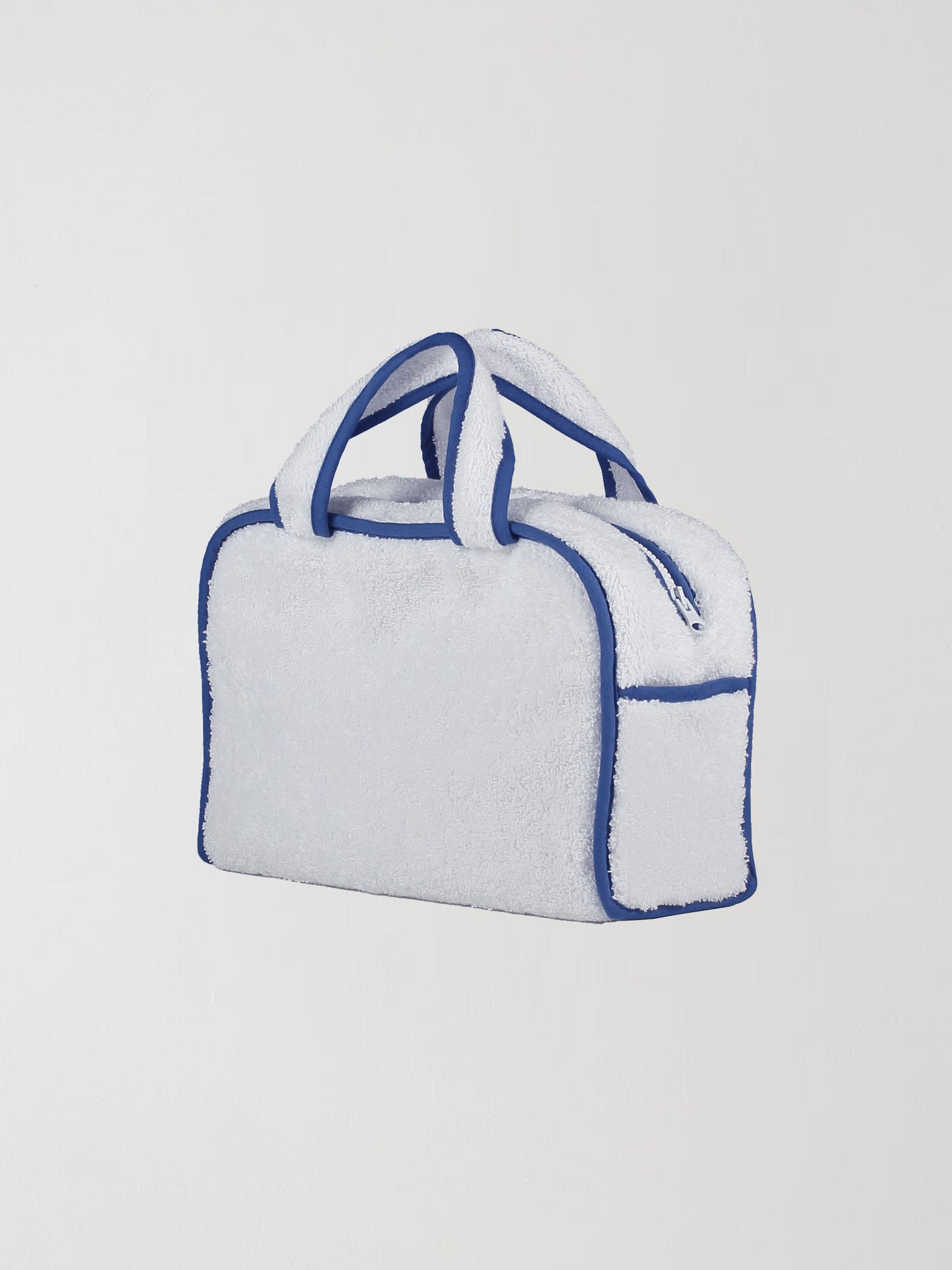 Back of our white towel bag with blue accents
