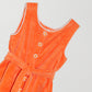Colour: Orange.  Short towel dress made in orange cotton with white border and towel belt.   Regular fit. Short length. Sleeveless. Crew neck. Towel belt to tie at the waist.  Front fastening with white edged buttons.