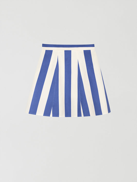 Flared mini skirt made of cotton with blue and ecru striped print. 