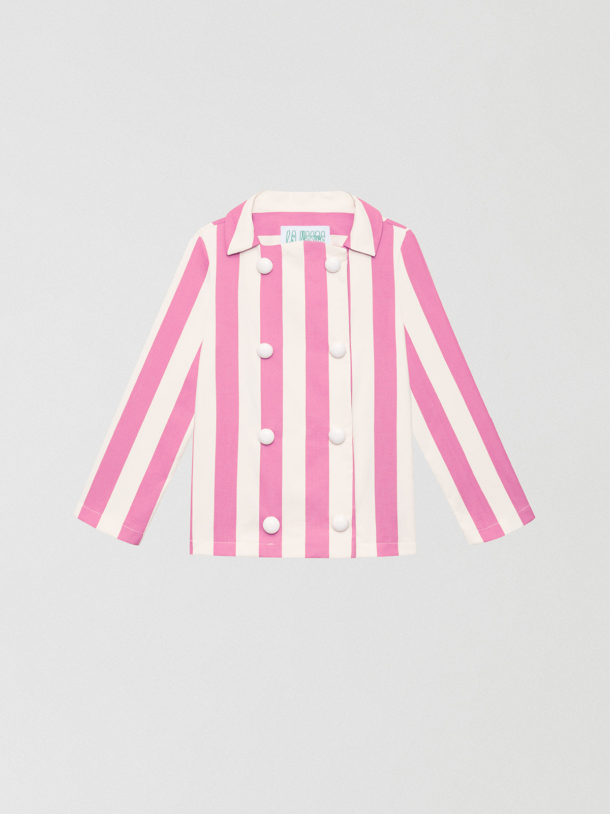 Parasol Pink Jacket is a pink and white striped jacket with XL white buttons and straight collar.