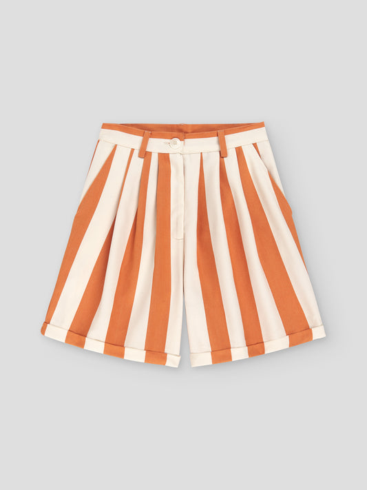 Cotton shorts with orange and ecru striped print.