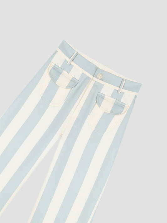 Light blue high waisted straight leg pants with stripe print