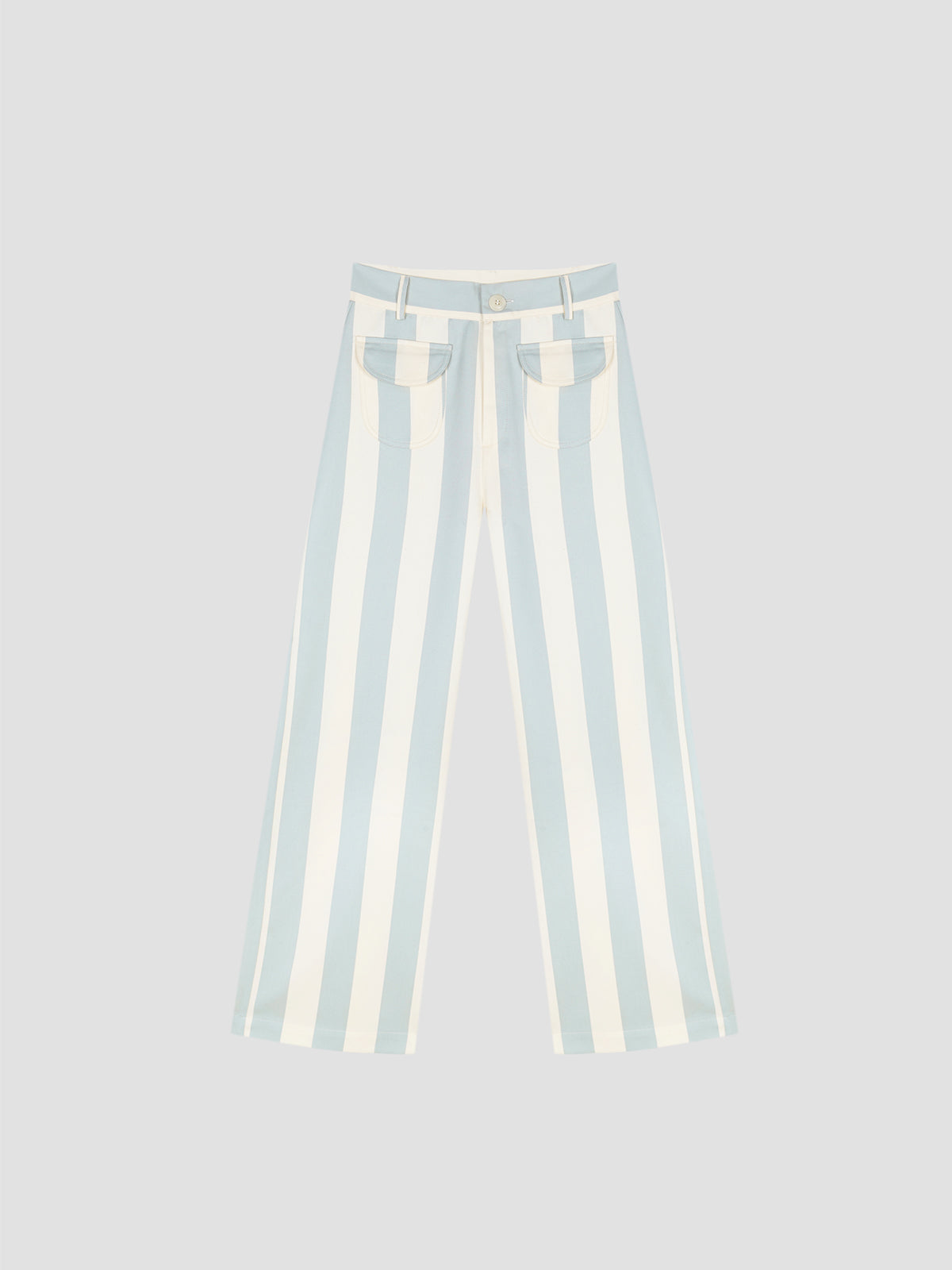 Parasol Pants Celeste is a high-waisted pant with front pockets and blue and white stripe print.