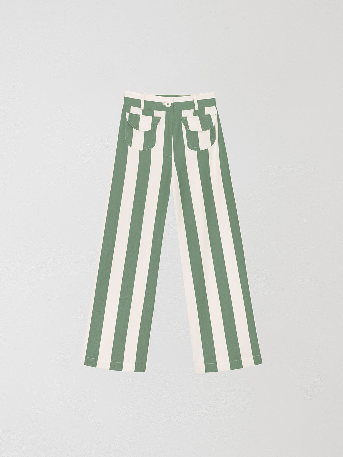 Green high-waisted trousers printed in cotton with green and ecru stripes.