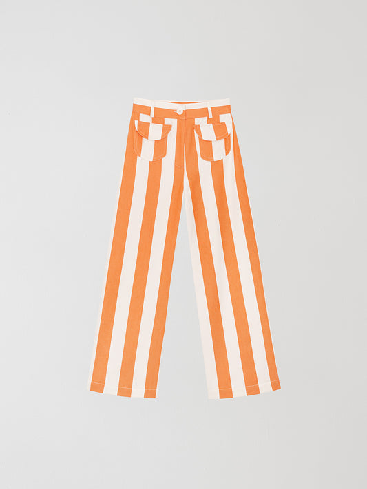 Orange high-waisted trousers printed in cotton with orange and ecru stripes