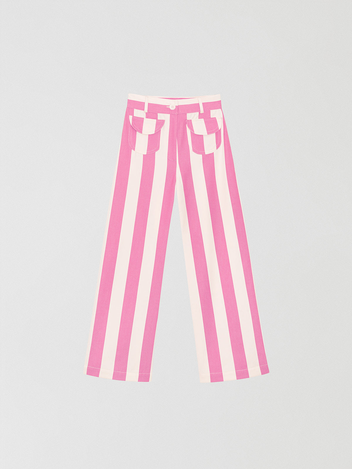 Pink high-waisted trousers printed in cotton with pink and ecru stripes.