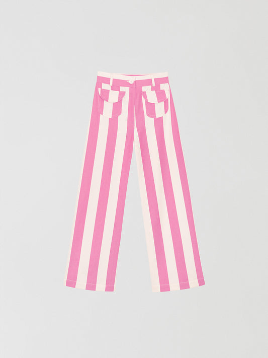 Pink high-waisted trousers printed in cotton with pink and ecru stripes.