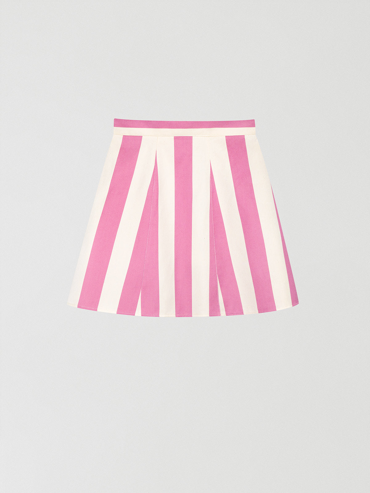 Flared mini skirt made of cotton with pink and ecru striped print. 