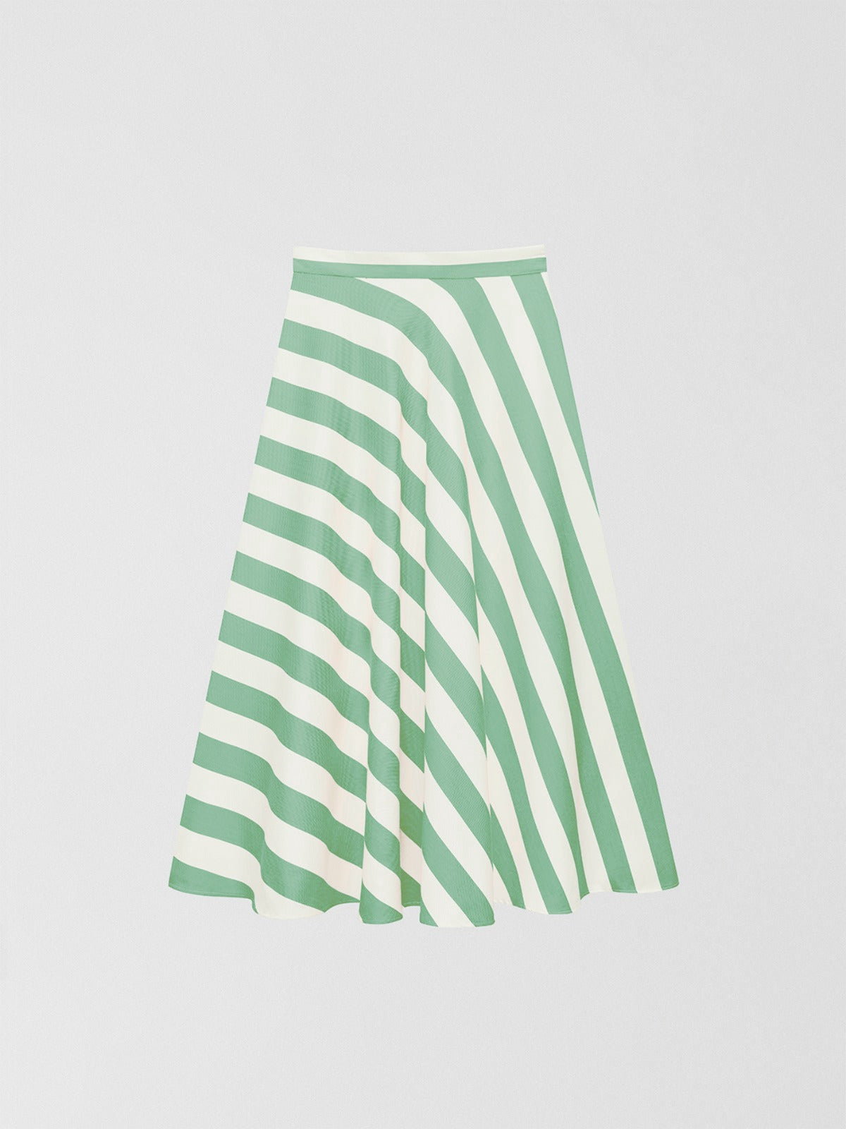 Flared midi skirt made of cotton with green and ecru striped print. 