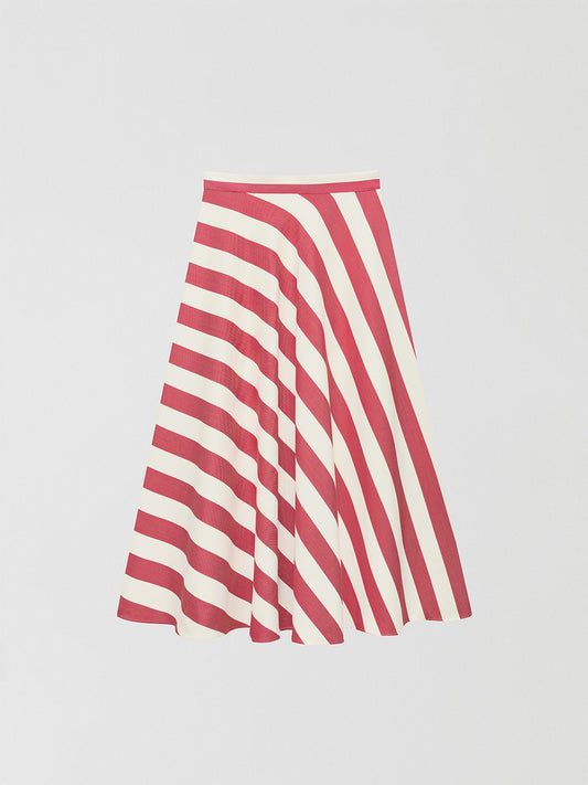 Flared midi skirt made of cotton with red and ecru striped print. 
