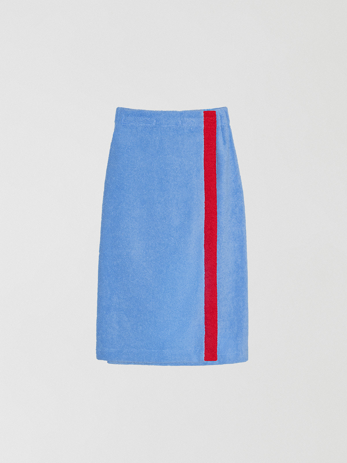 Pareo towel skirt made in blue cotton with red band.