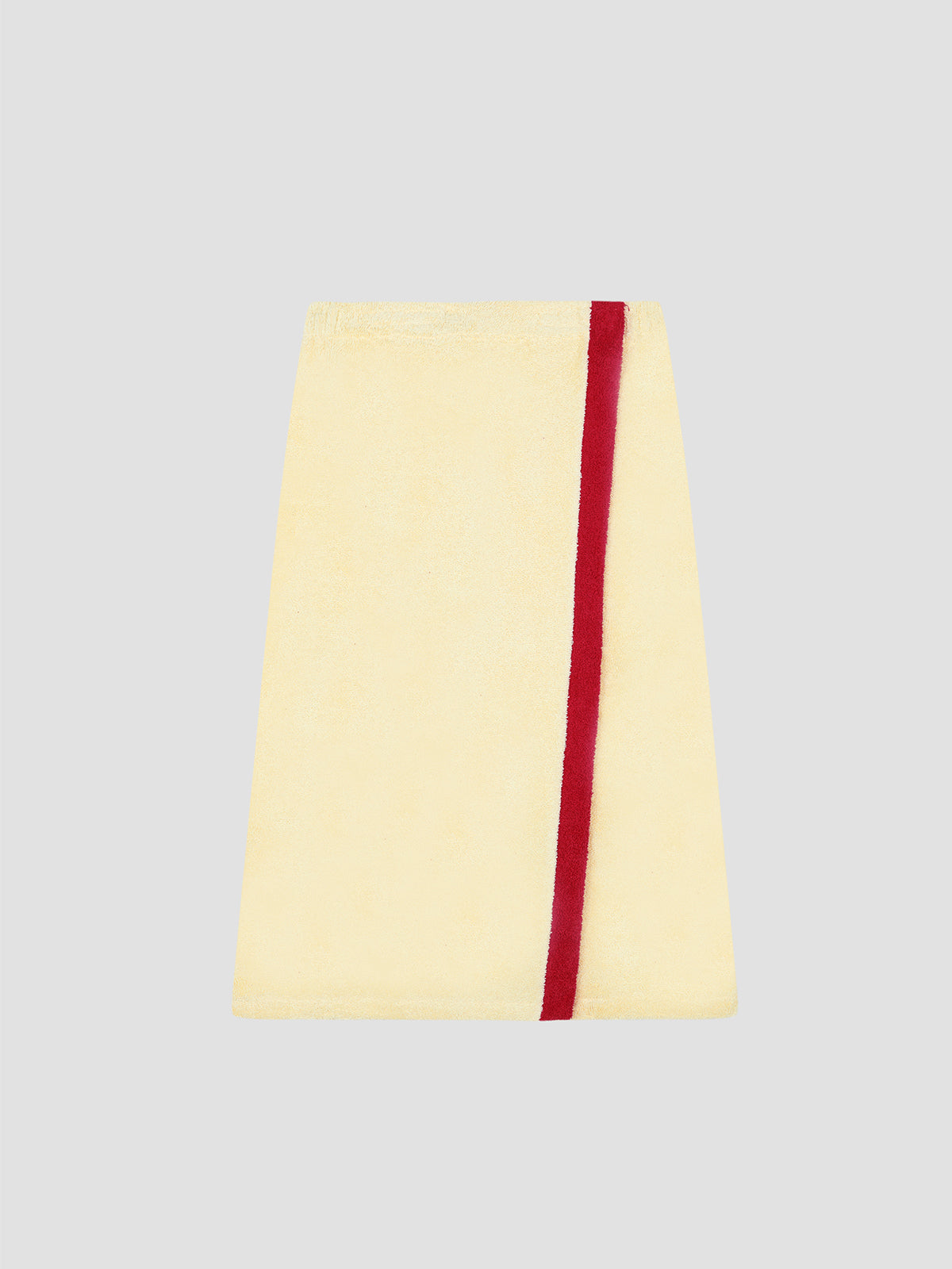 Pareo Skirt 03 is a pareo skirt made of yellow towel fabric with a matching red band.