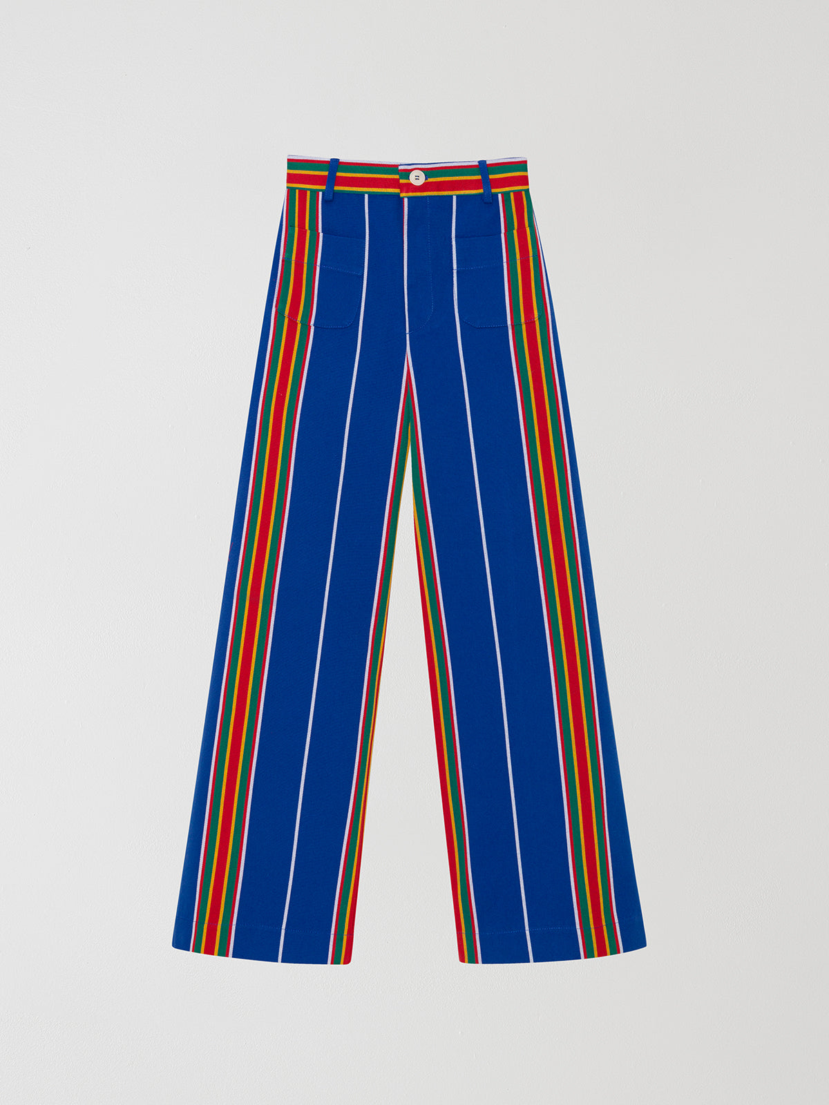 Blue high-waisted printed trousers in cotton with yellow, red and green stripes. 