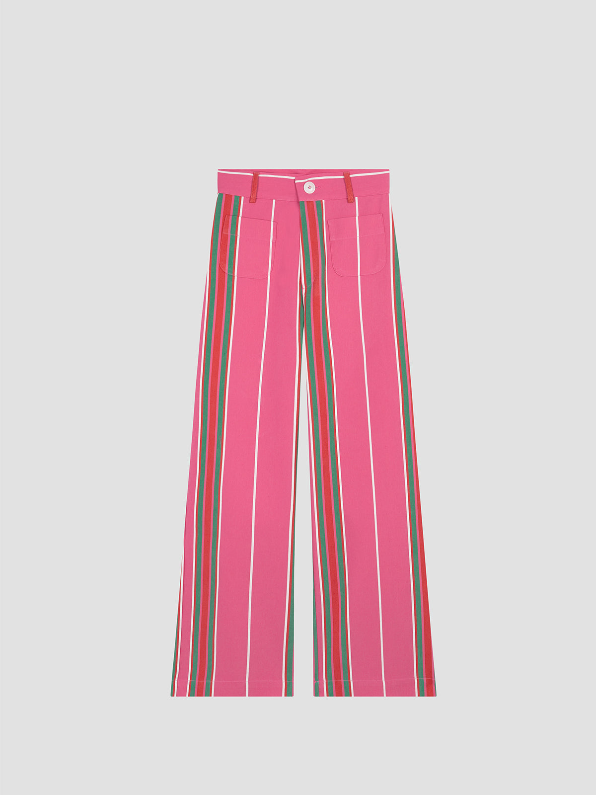 Fuchsia high-waisted printed trousers in cotton with red and green stripes. 