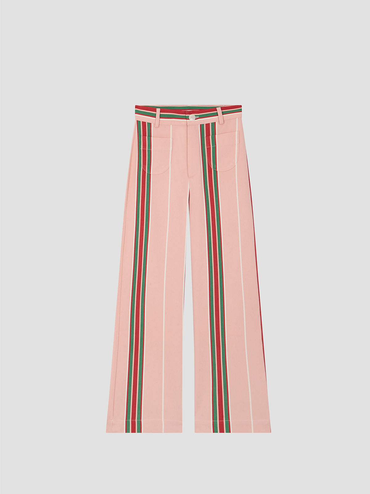 Pink high-waisted printed trousers in cotton with red and green stripes. 