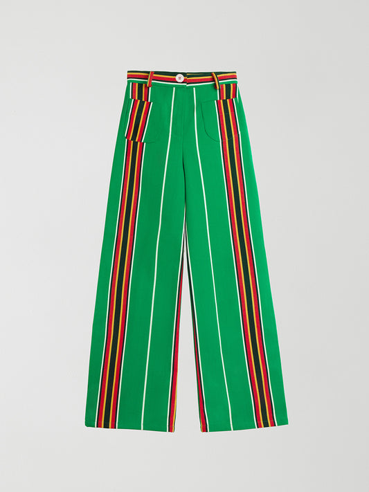 Green high-waisted printed trousers in cotton with red and yellow stripes. 