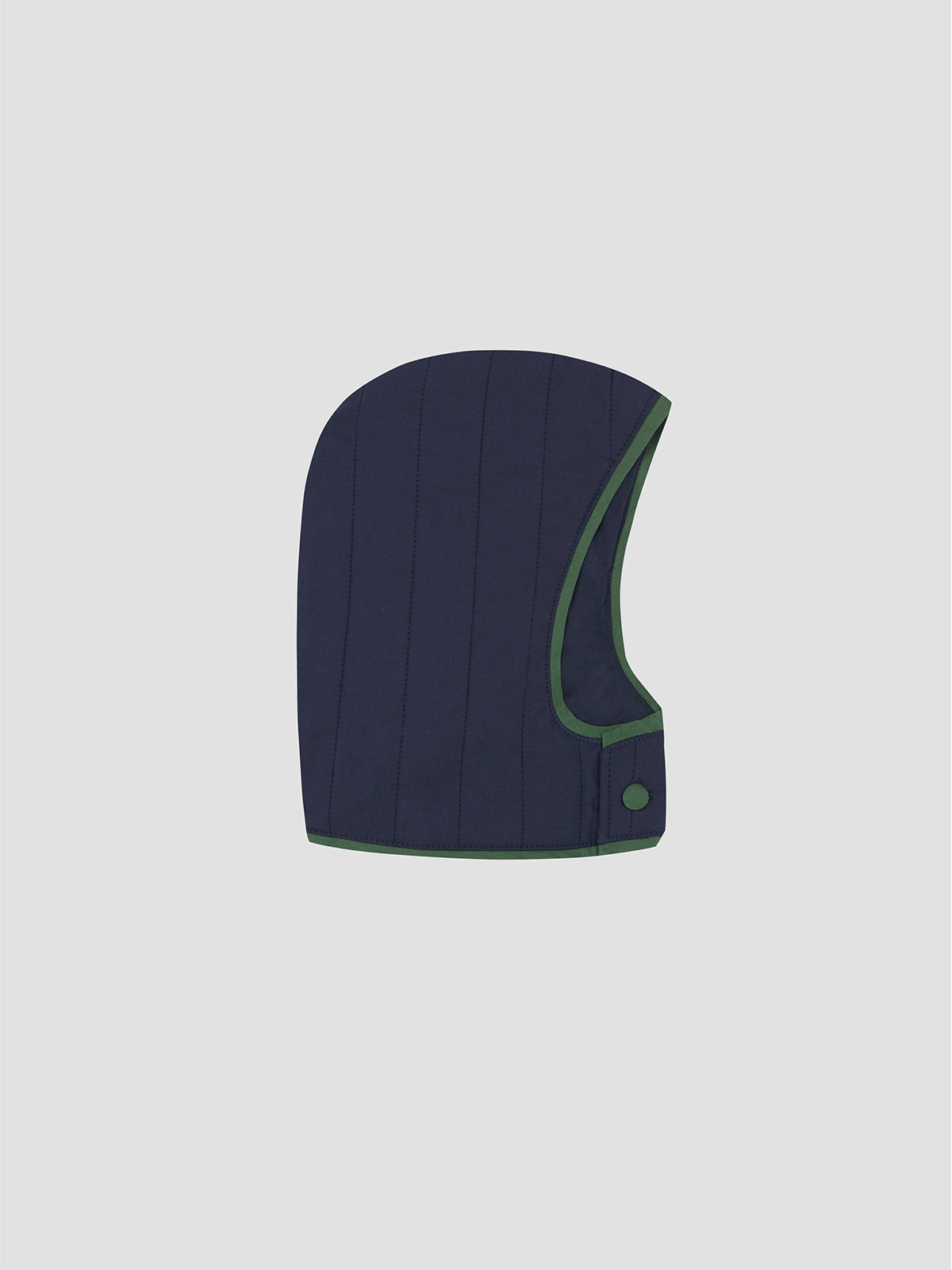 Puffa Hooded Blue is a navy blue quilted hood with green accents.