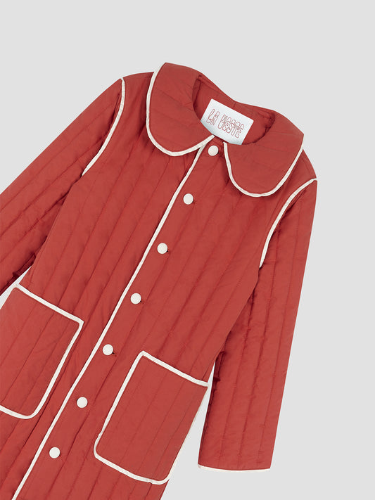 Quilted cotton coat in red with baby collar and white details