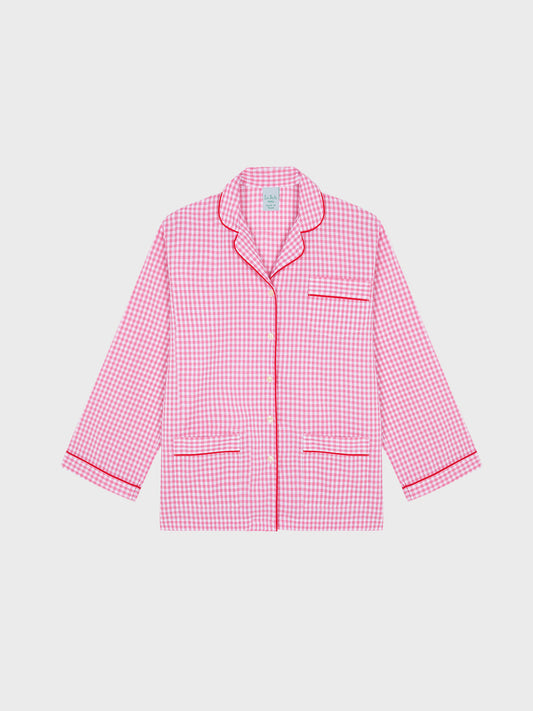 Two-piece cotton pajamas with pink and white checkered print and red bias