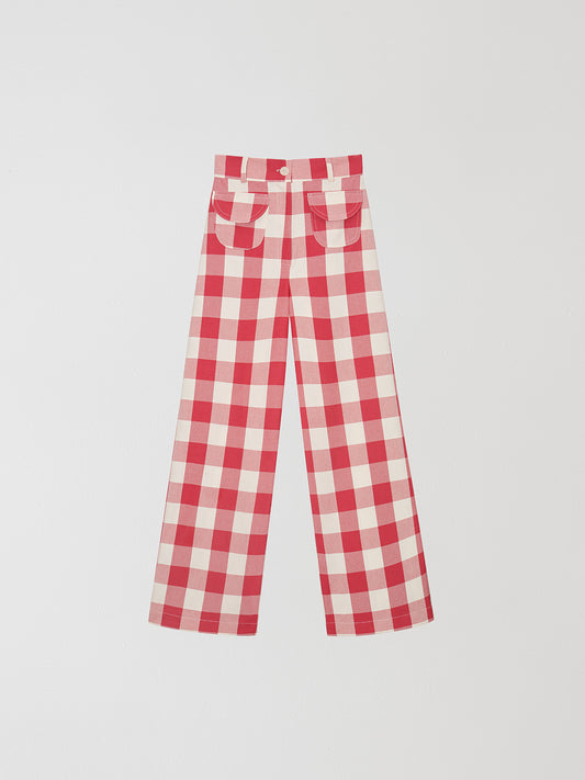 Cotton trousers with red and white check print.  