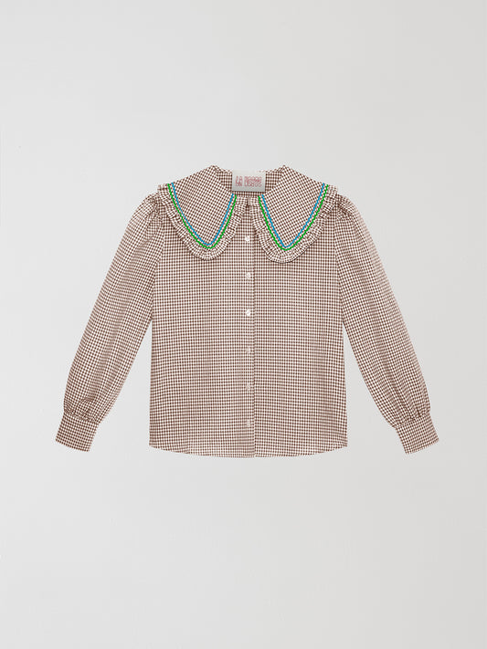 Brown and white vichy check shirt made of cotton with blue and green yarn detail on the collar