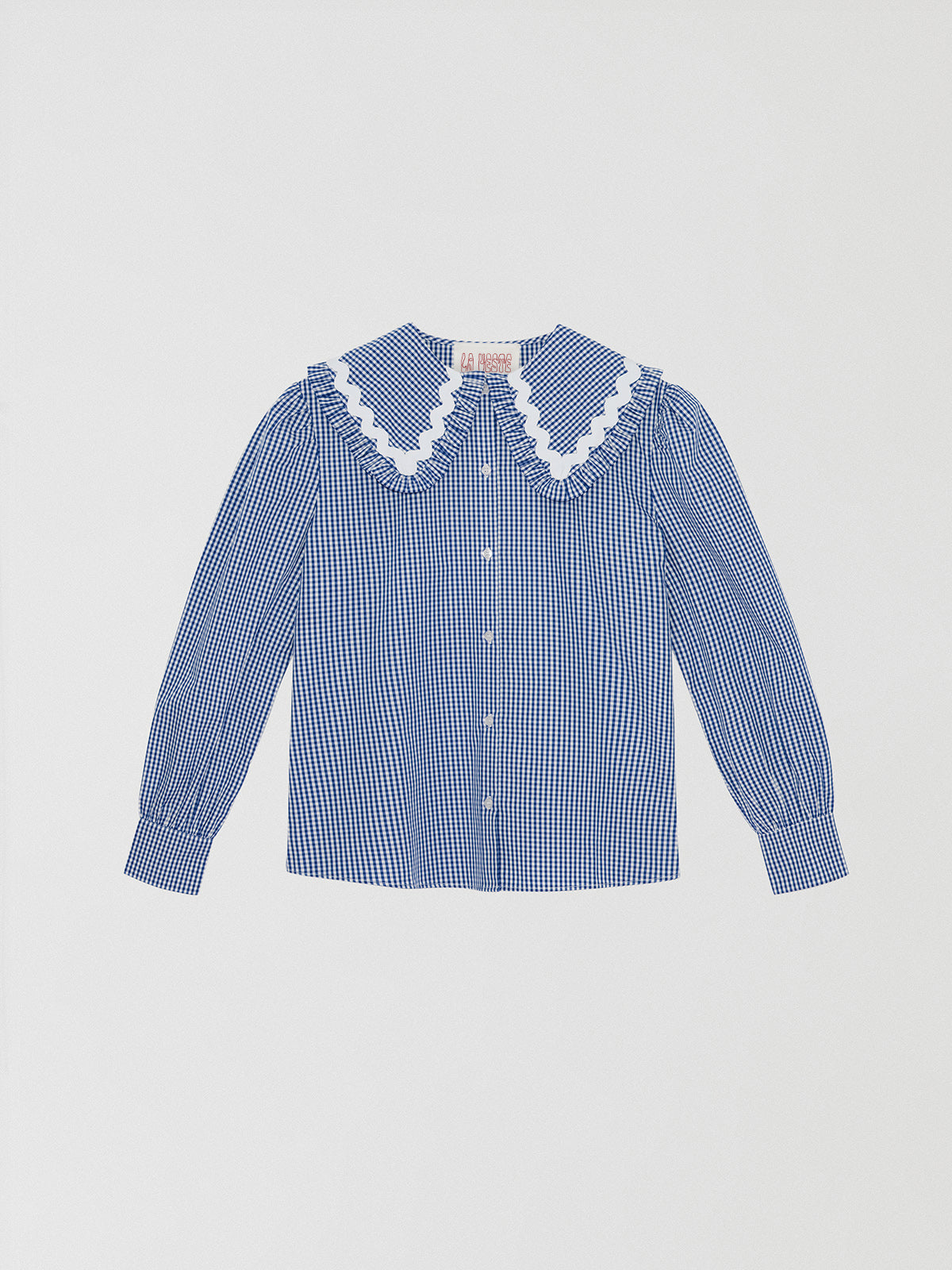 Navy and white vichy check shirt made of cotton with white trim detail on the collar