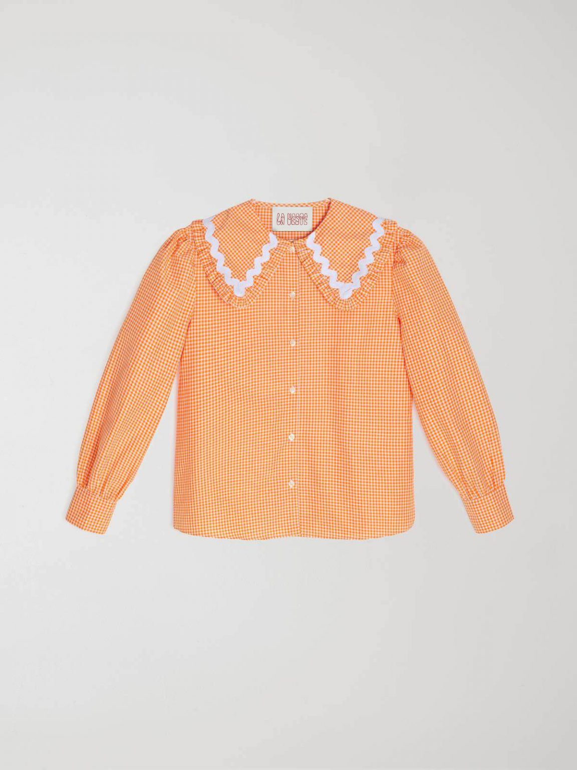 Orange and white vichy check shirt made of cotton with white trim detail on the collar