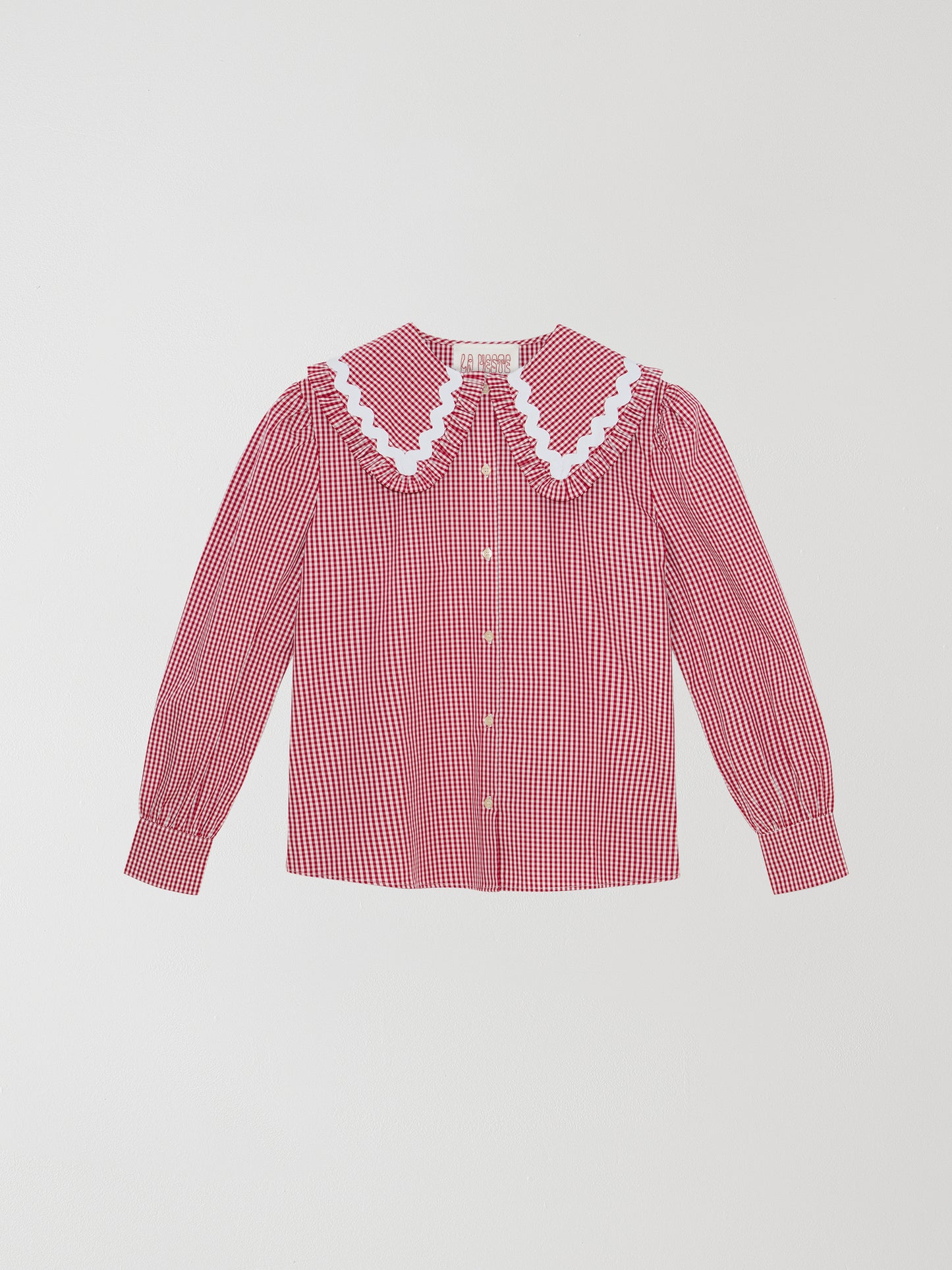 Red and white vichy check shirt made of cotton with white trim detail on the collar