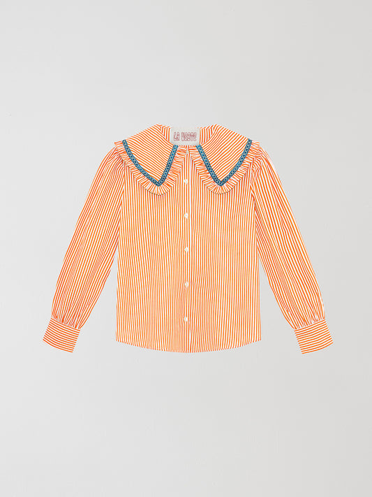 Orange and white striped shirt in cotton with blue trimming detail on the collar