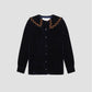 Navy velvet shirt with large collar and trim detail