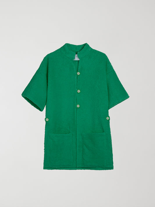 Ship Weel Green Kimono is a short-sleeved V-neck kimono made of green towel fabric with front button closure.