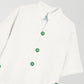 White short towel kimono with matching green rudder buttons and two front pockets