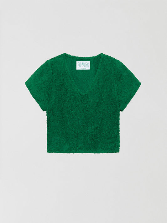 Towel Shirt Green is a dark green short sleeve shirt with v-neck and made of towel cotton fabric.