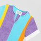 Multicolored women's shirt with white bangs on sleeves and bottom