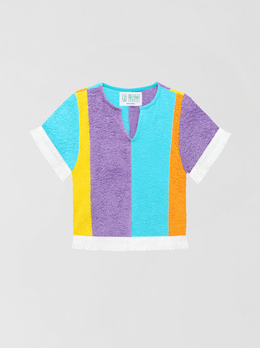 Skittle Towel Shirt 01 is a multicolored short sleeve shirt made of yellow, purple, turquoise and orange cotton fabric.