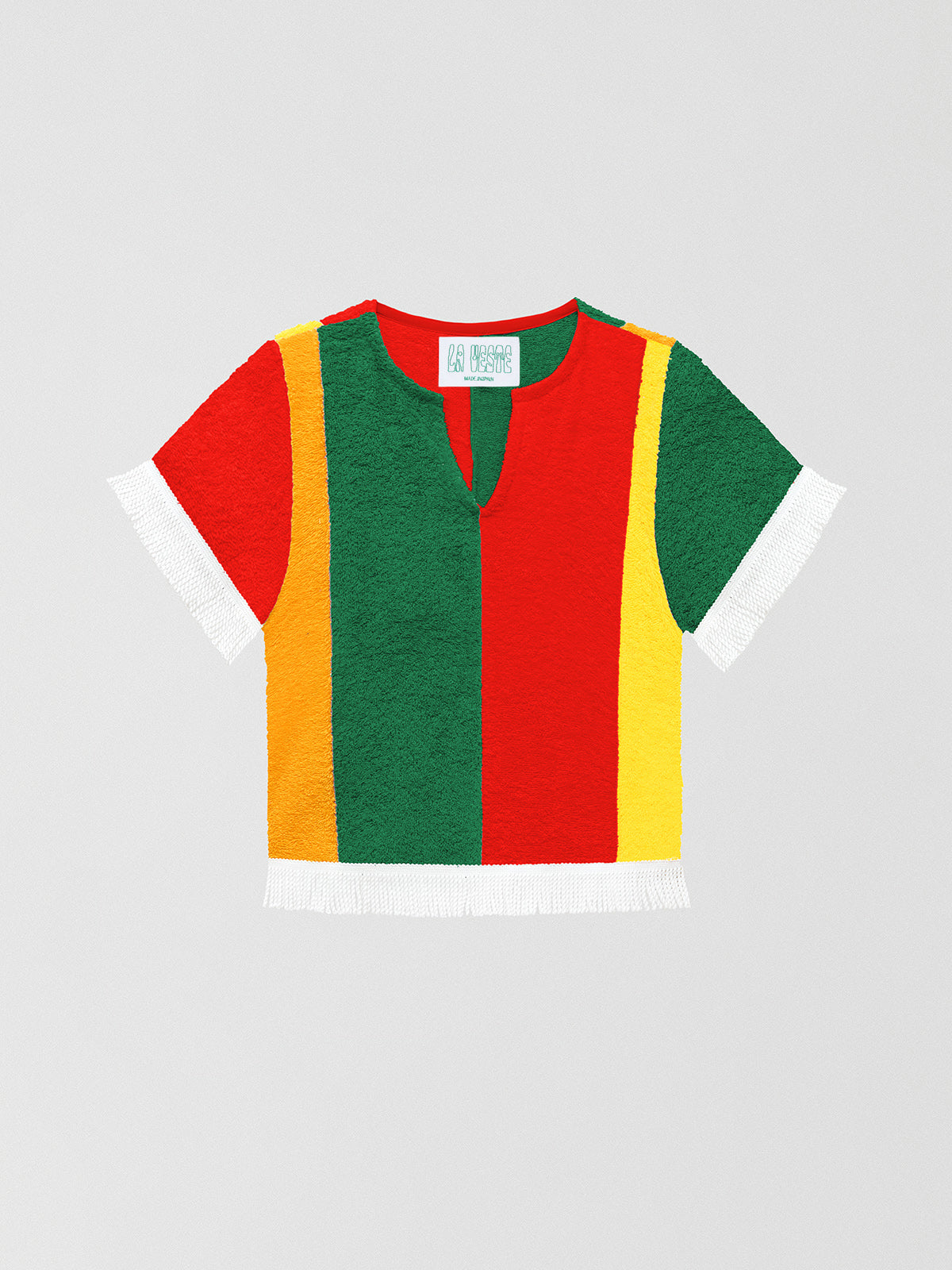 Skittle Towel Shirt 02 is a tricolor top made of red, yellow and green towel fabric.