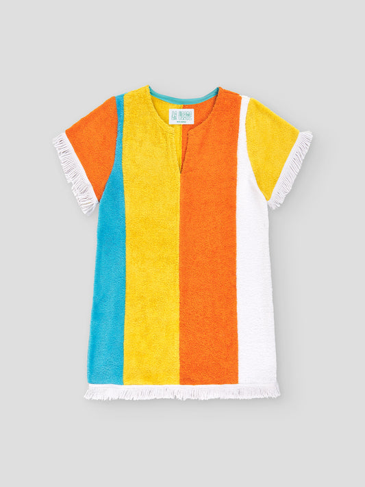 Mini Skittle Dress is a short dress made of white, yellow, orange and turquoise towel fabric.