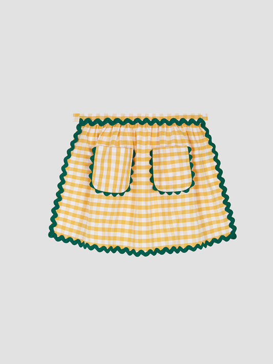 Apron made in yellow and white vichy check cotton with green trim