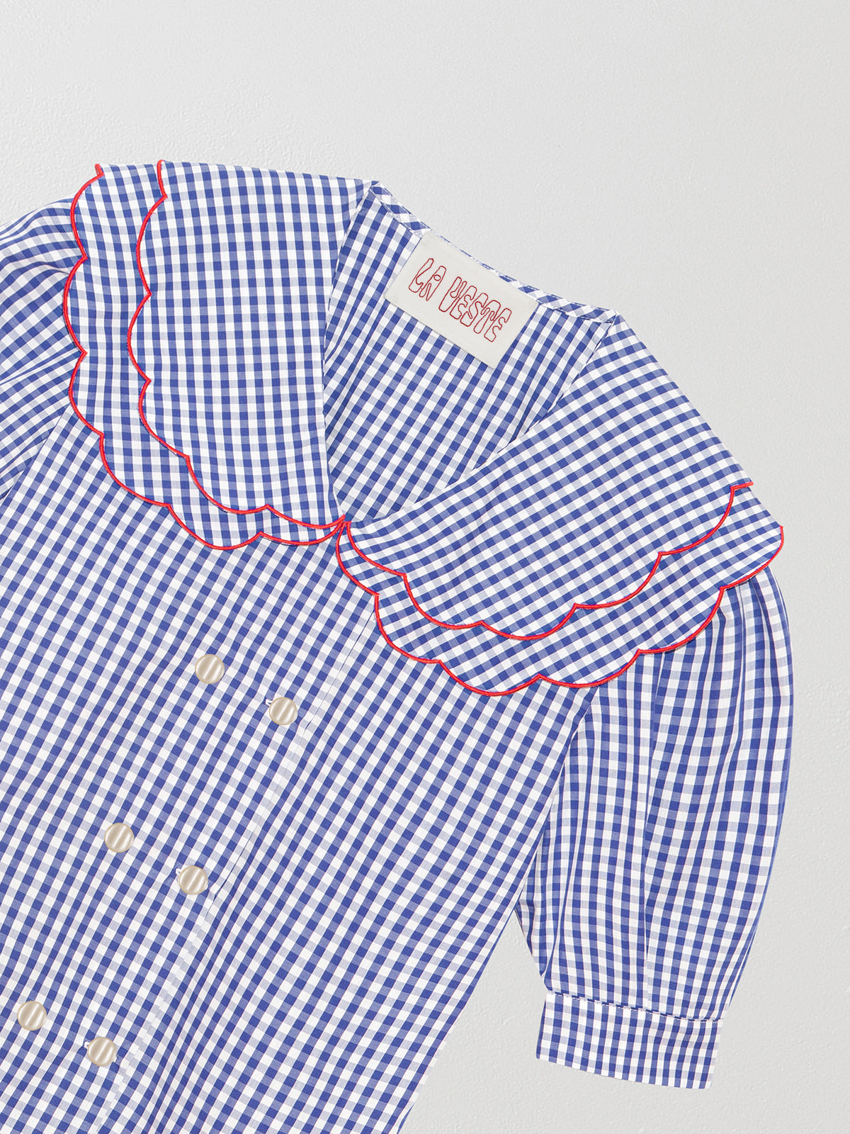 Navy and white vichy check shirt with short sleeves made in cotton