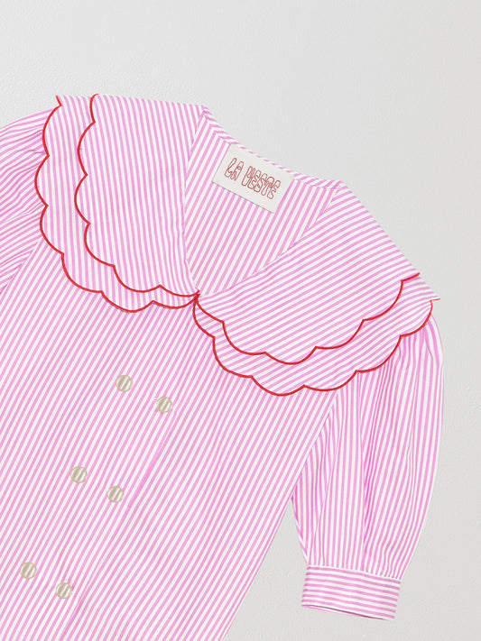 Pink and white striped shirt with short sleeves made in cotton
