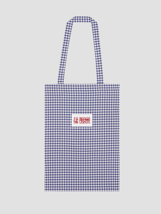 Tote Bag Check Blue is a blue checkered tote bag with La Veste logo detail in the middle.