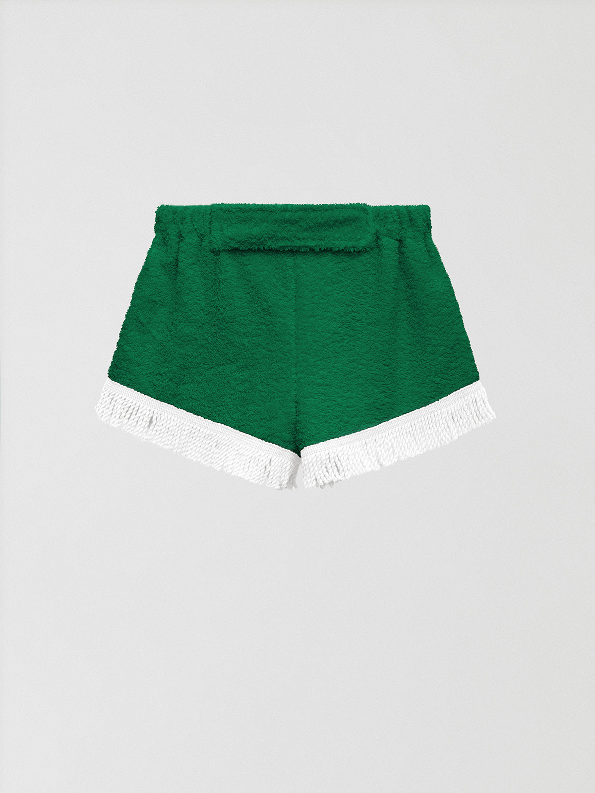 Towel shorts made in green cotton with white fringe.