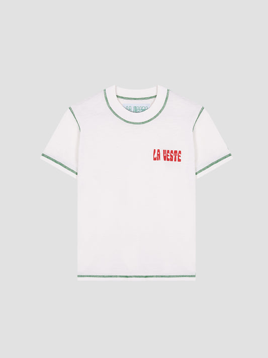 Color: White/Green.  White cotton T-shirt with LA VESTE logo in red.  Regular fit. Normal length. Round neck. Short sleeves. Collar and sleeve cuffs in green contrast. Anagram on the chest in red.