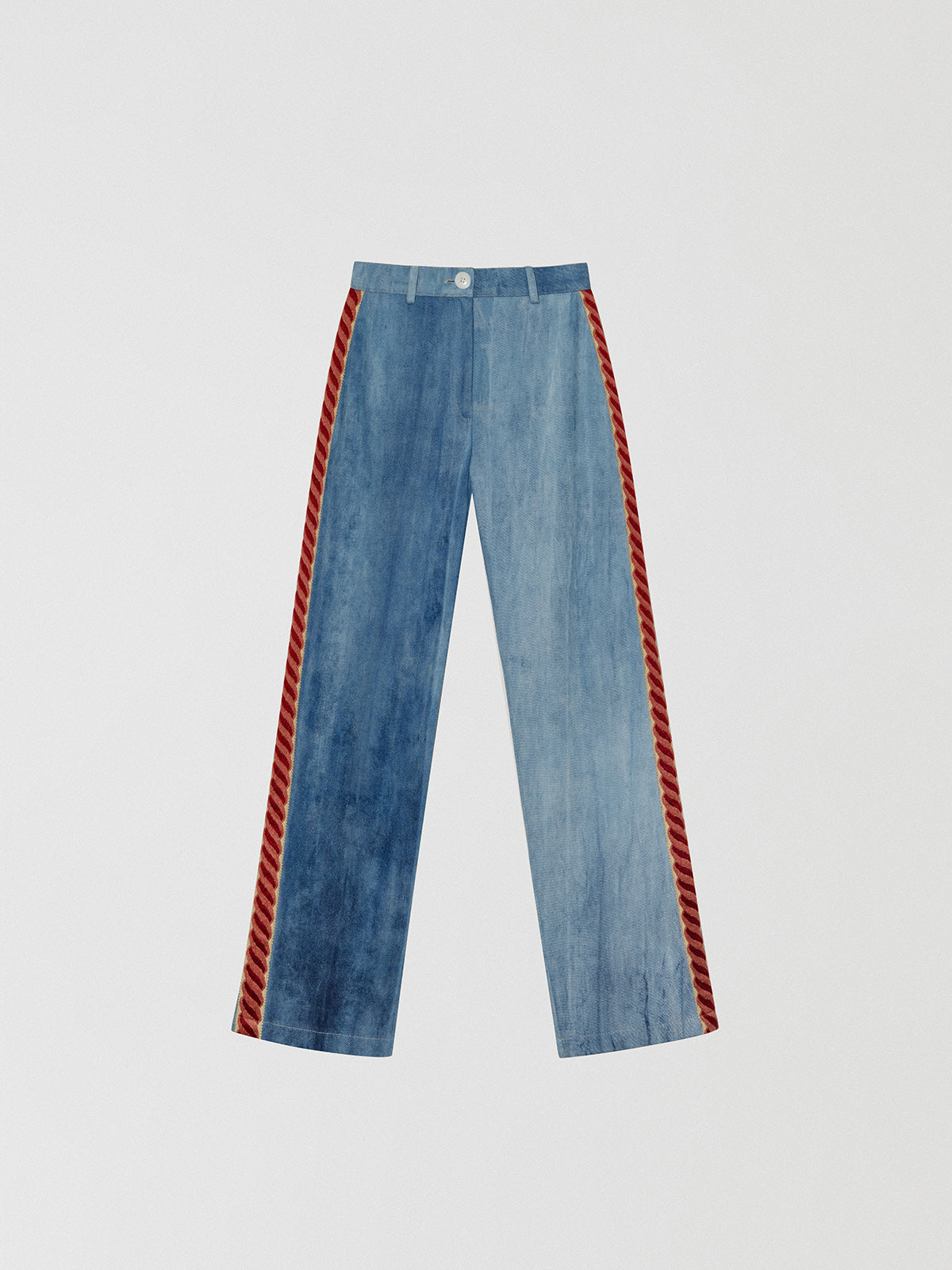 Elvis Red Denim Pants are women's jeans with red ribbon detail on the sides.